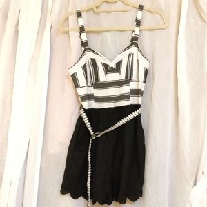 Anthropologie, black/white linen romper with belt
